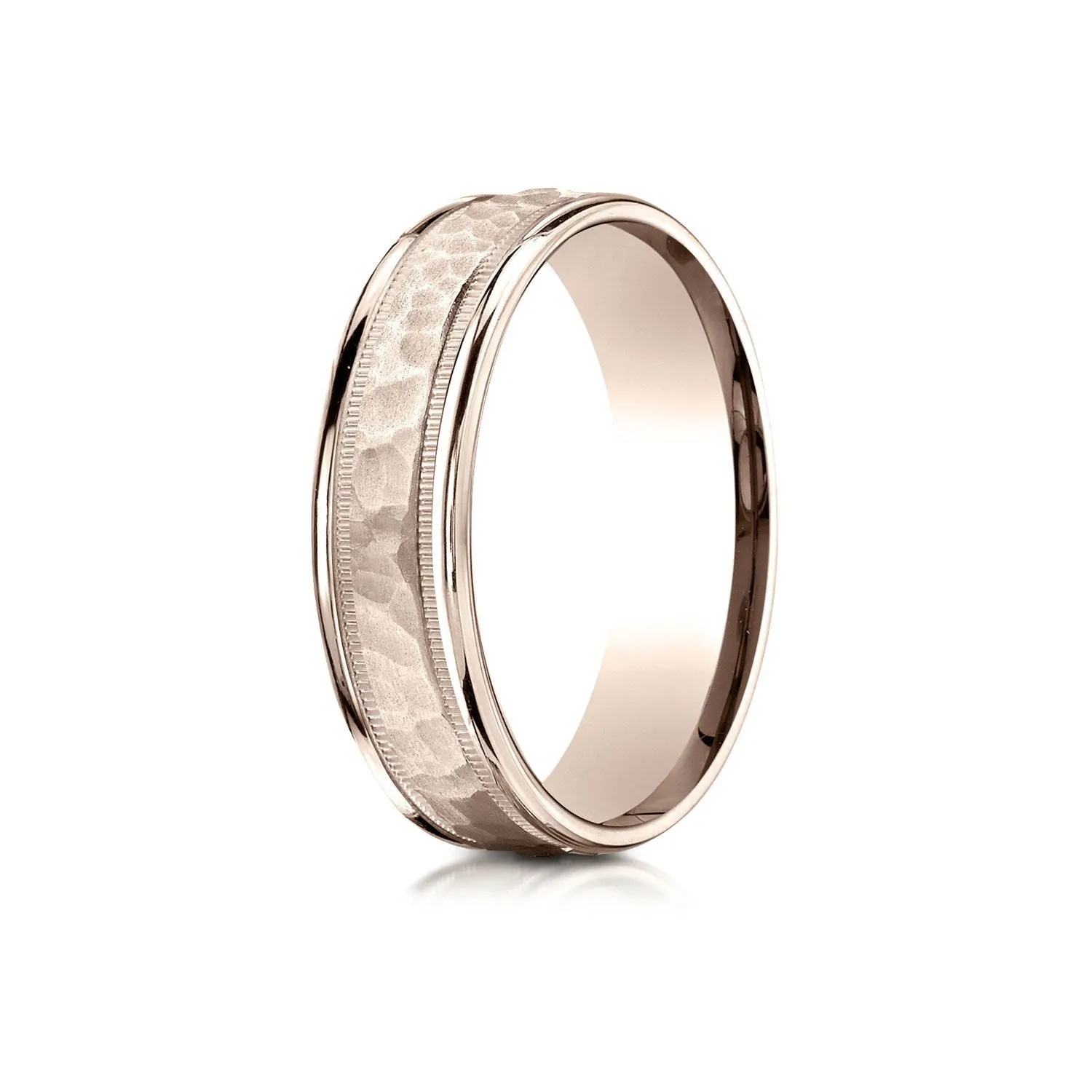 14 Karat Rose Gold 6mm Comfort-fit Hammered Center High Polish Round Edge Carved Design Band