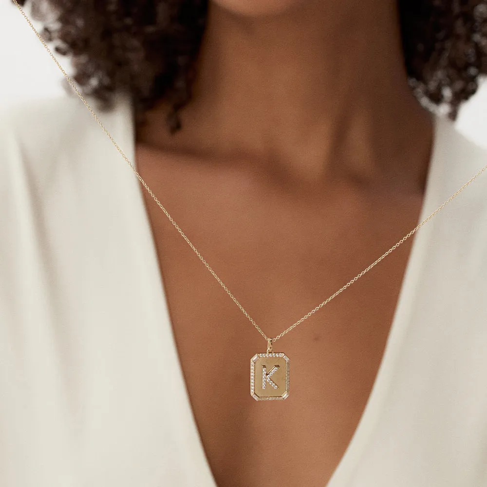 14k Baguette and Round Diamond Tag Initial Necklace