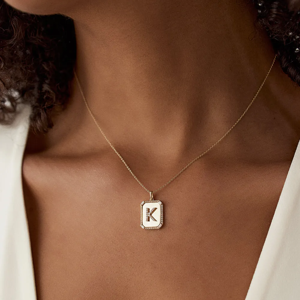 14k Baguette and Round Diamond Tag Initial Necklace