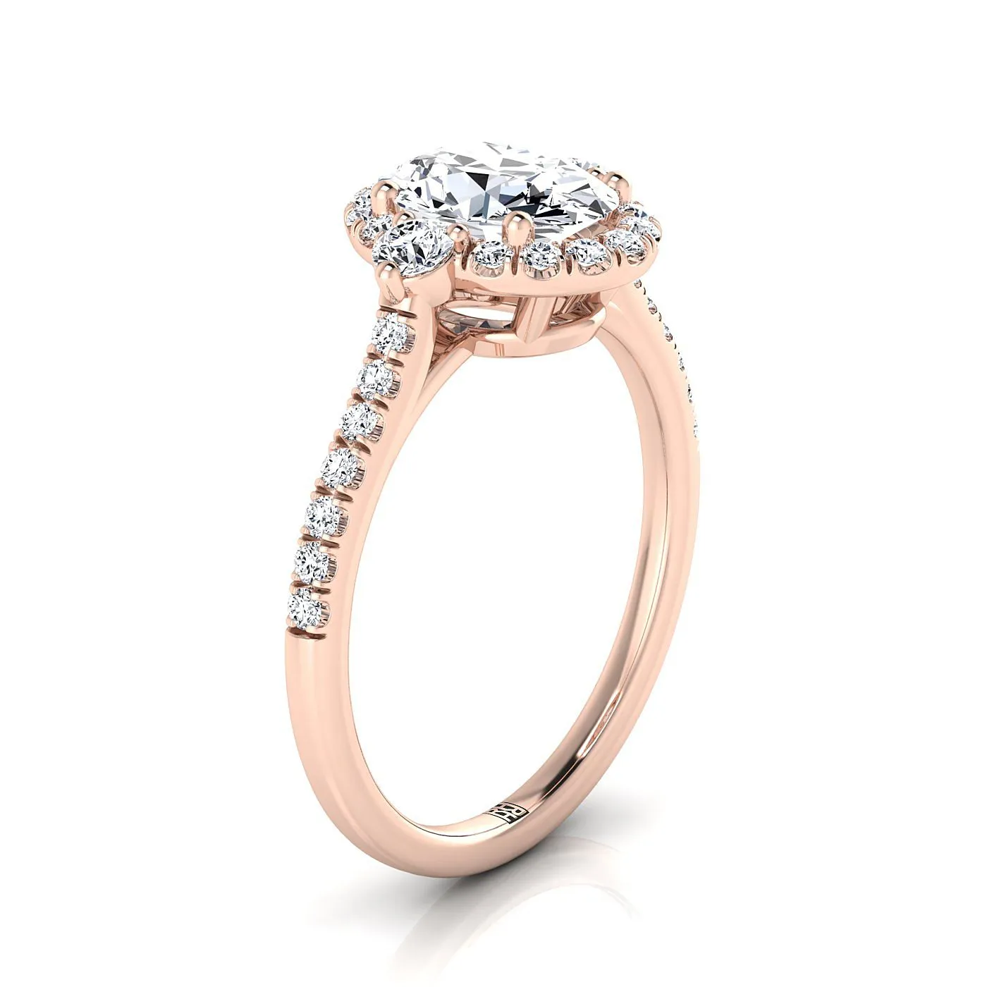 14K Rose Gold Oval Diamond Three Stone Delicate Halo Engagement Ring -1/3ctw