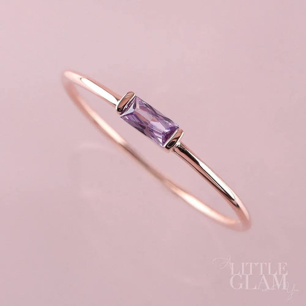 14k Solid Gold Delicate Baguette Amethyst Ring