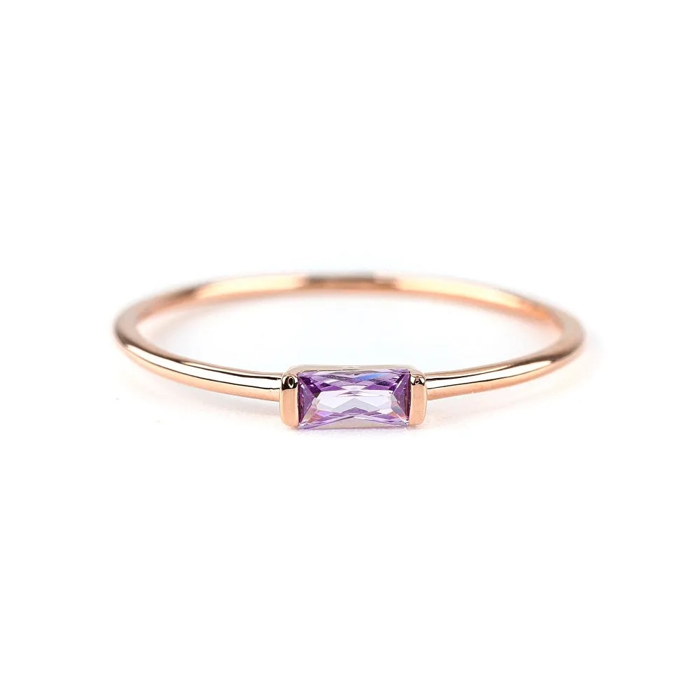 14k Solid Gold Delicate Baguette Amethyst Ring