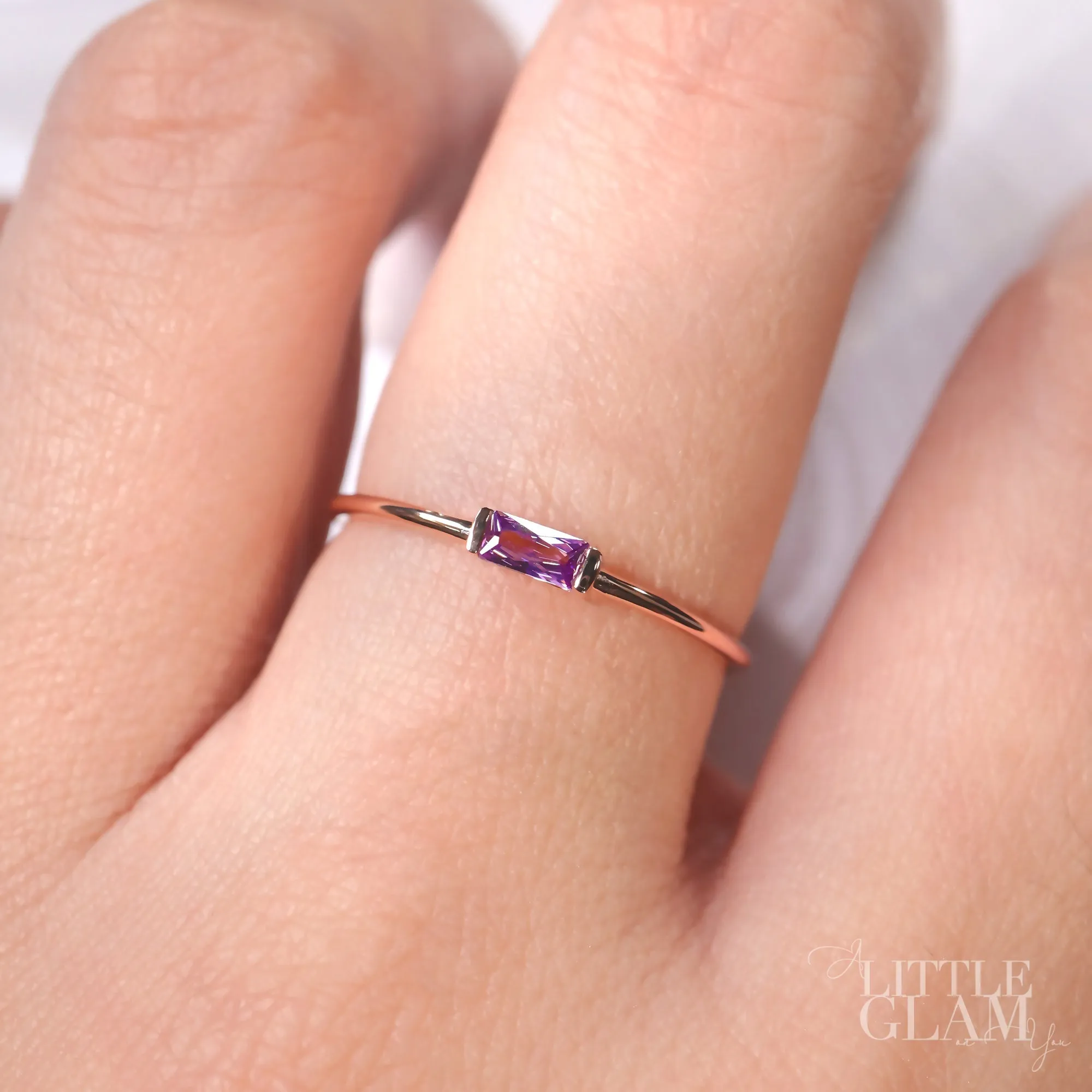 14k Solid Gold Delicate Baguette Amethyst Ring