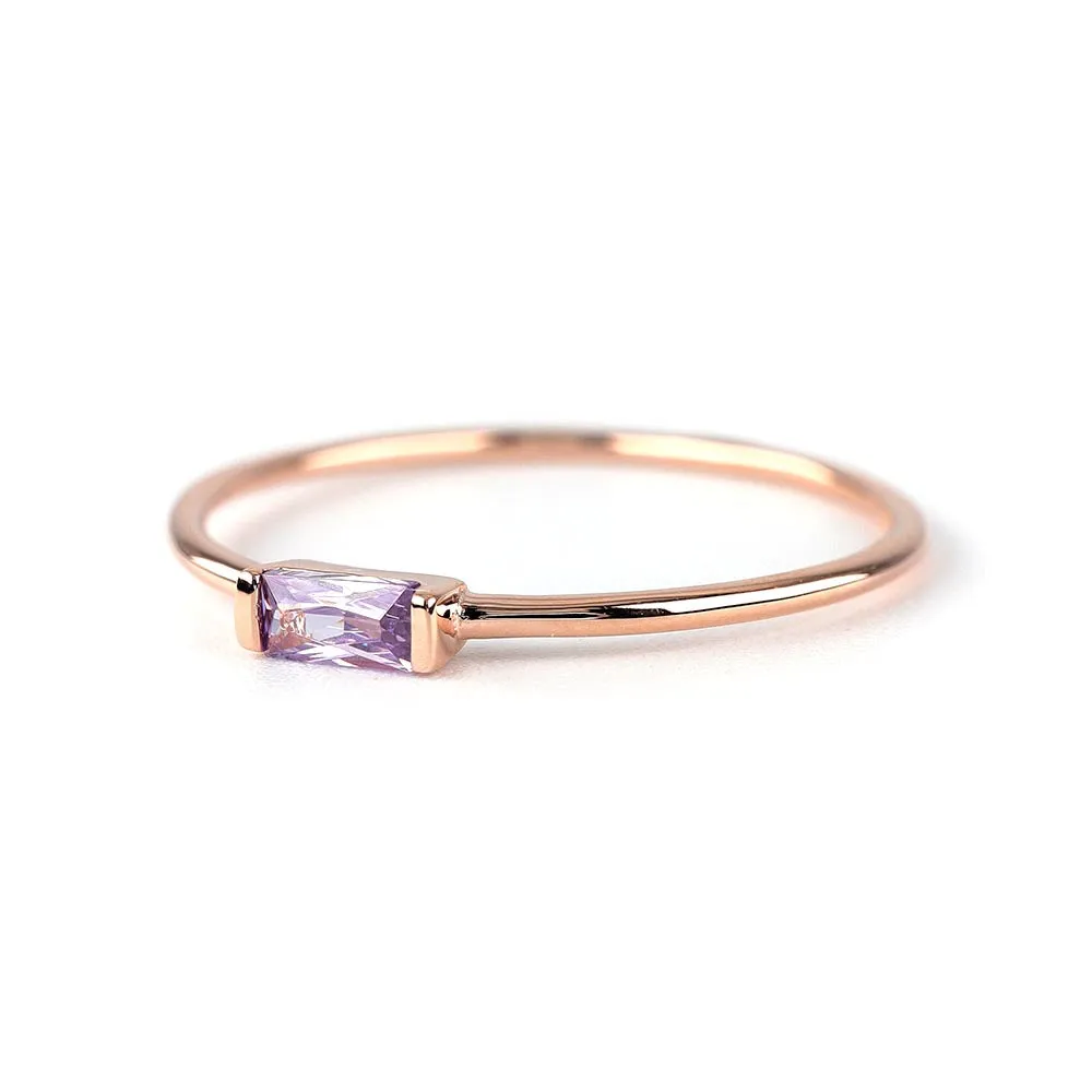 14k Solid Gold Delicate Baguette Amethyst Ring