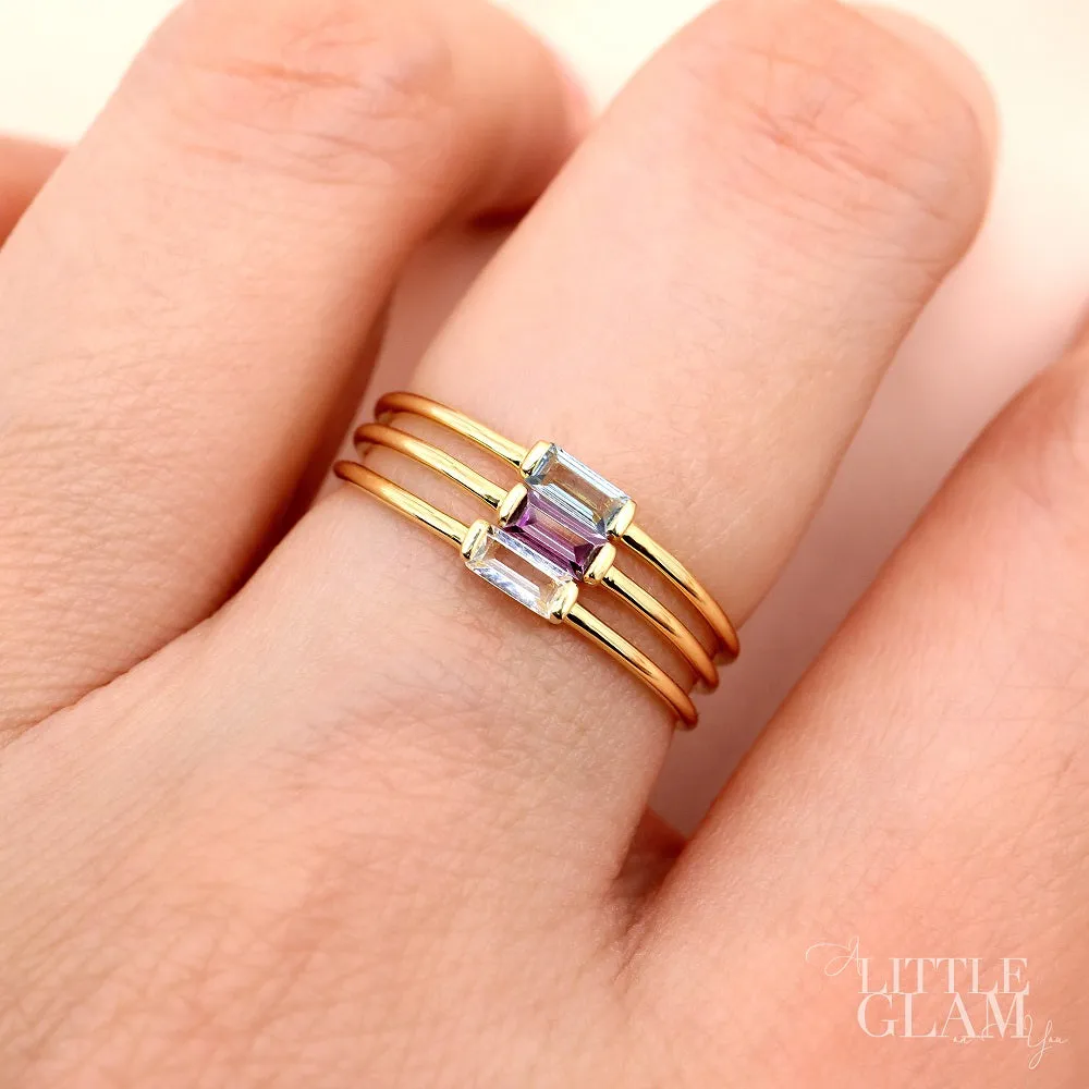 14k Solid Gold Delicate Baguette Amethyst Ring