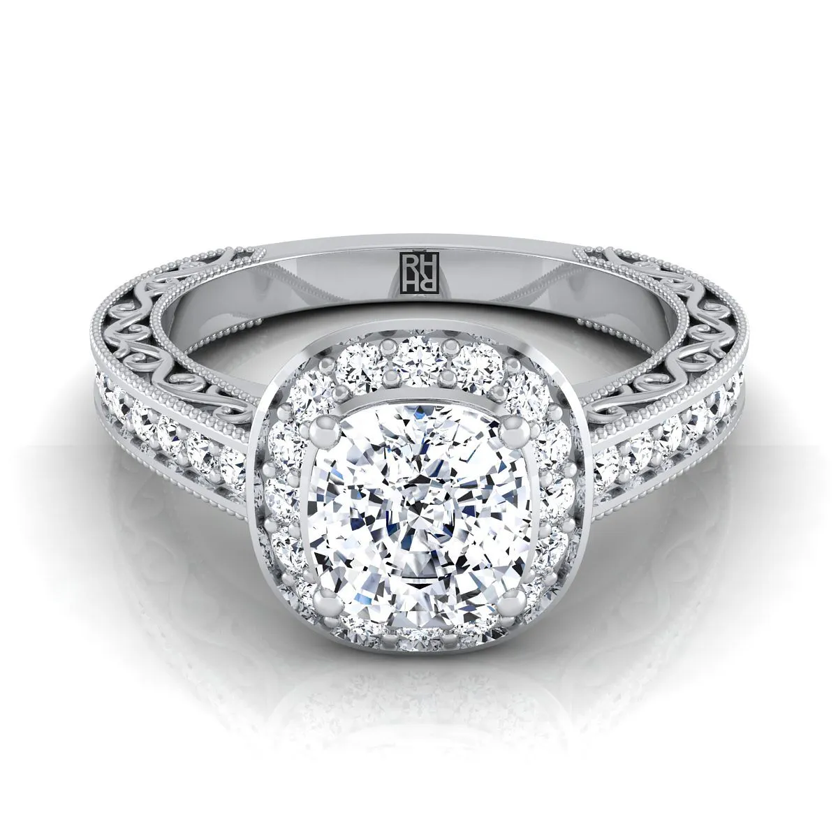 14K White Gold Cushion Hand-Engraved Delicate Diamond Milgrain Engagement Ring -1/2ctw