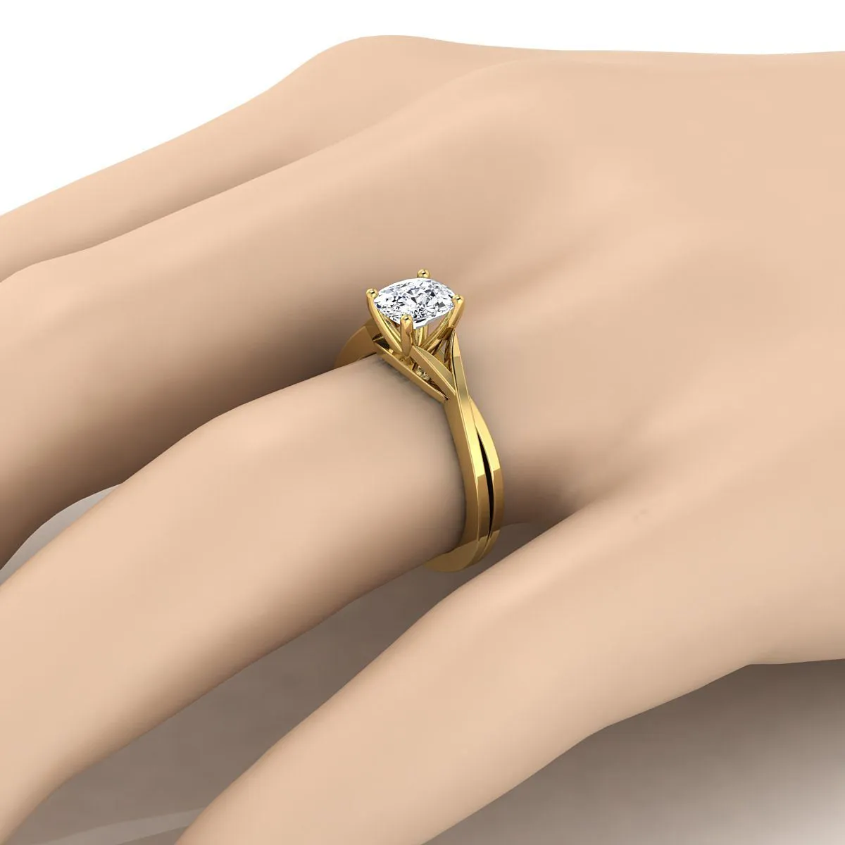 14K Yellow Gold Cushion Delicate Twist Solitaire Engagement Ring