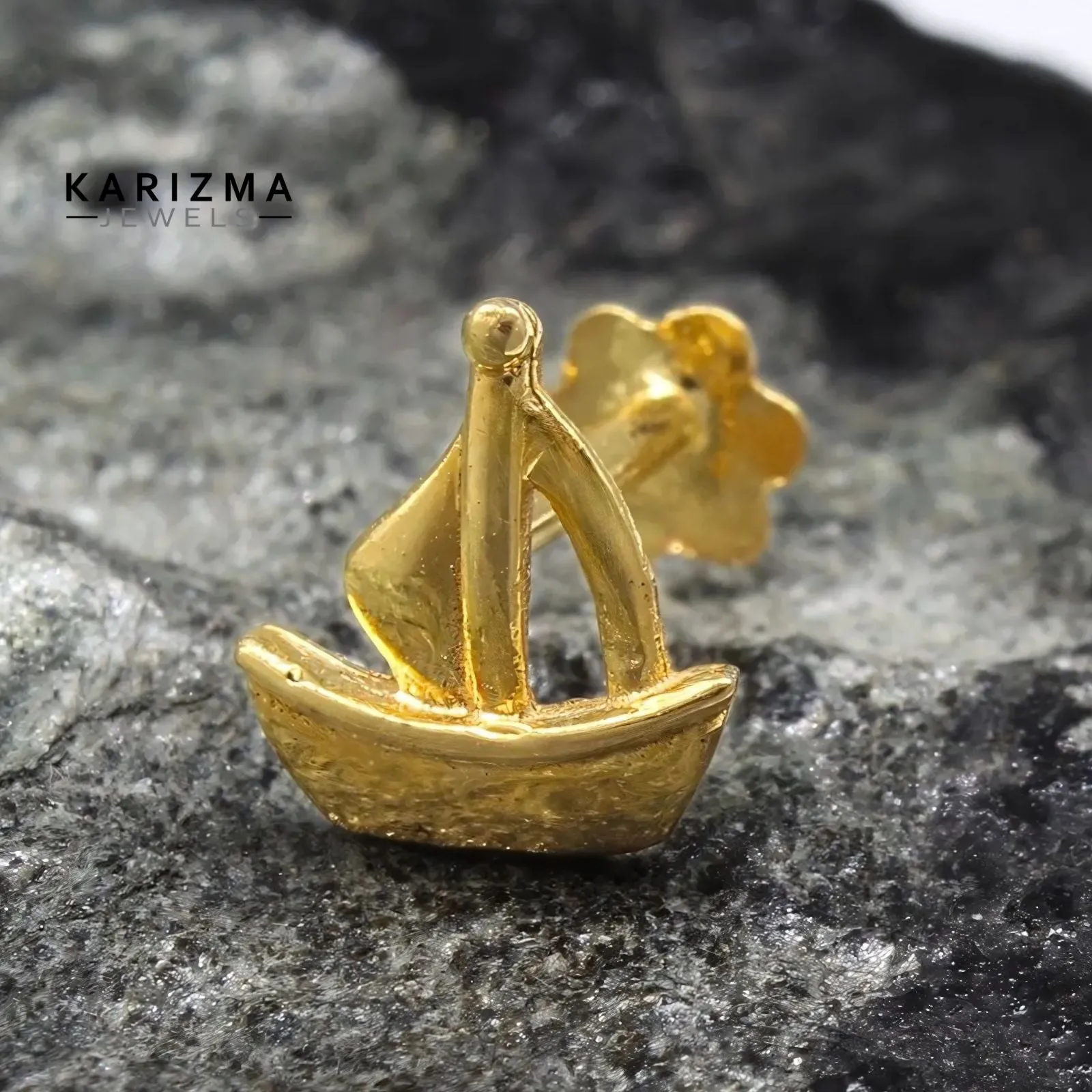 18K Real Gold unique trendy Sailboat women Nose pin cum Earring Gold Screw Back