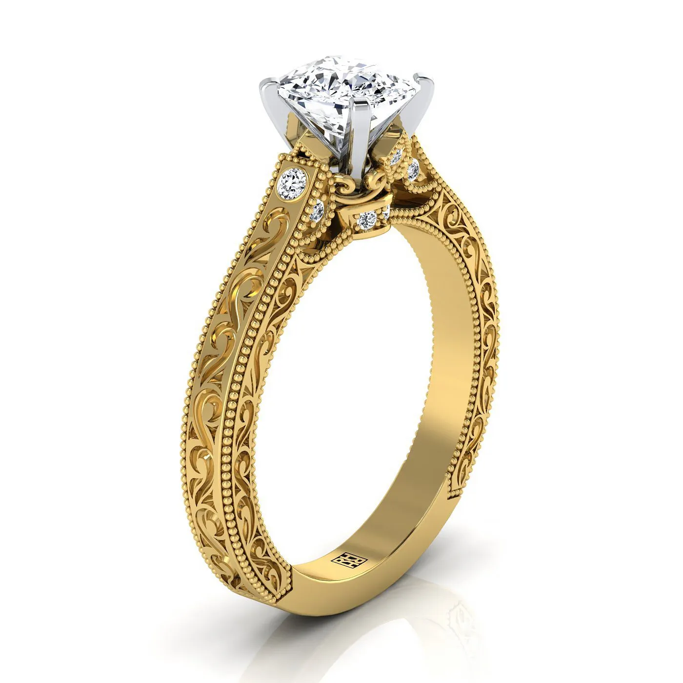 18K Yellow Gold Cushion Delicate Diamond Accented Antique Hand Engraved Engagement Ring -1/10ctw