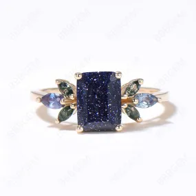 2ct Emerald Cut Starry Sky Blue Sandstone Engagement Ring 14k Gold Blue Goldstone Ring Cluster Alexandrite Agate Ring 7 Stones Ring