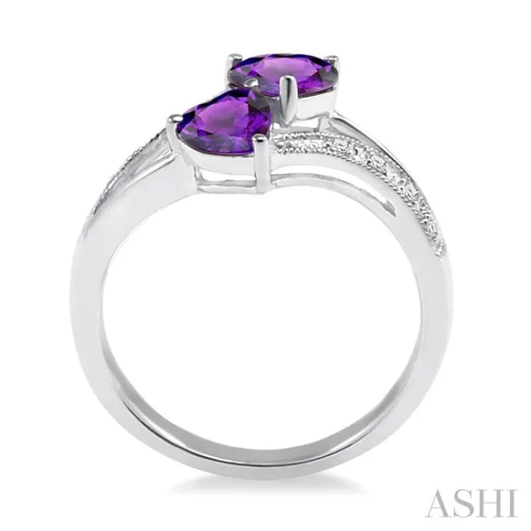 5 & 6MM Heart Shape Amethyst and 1/20 Ctw Round Cut Diamond Ring in 14K White Gold