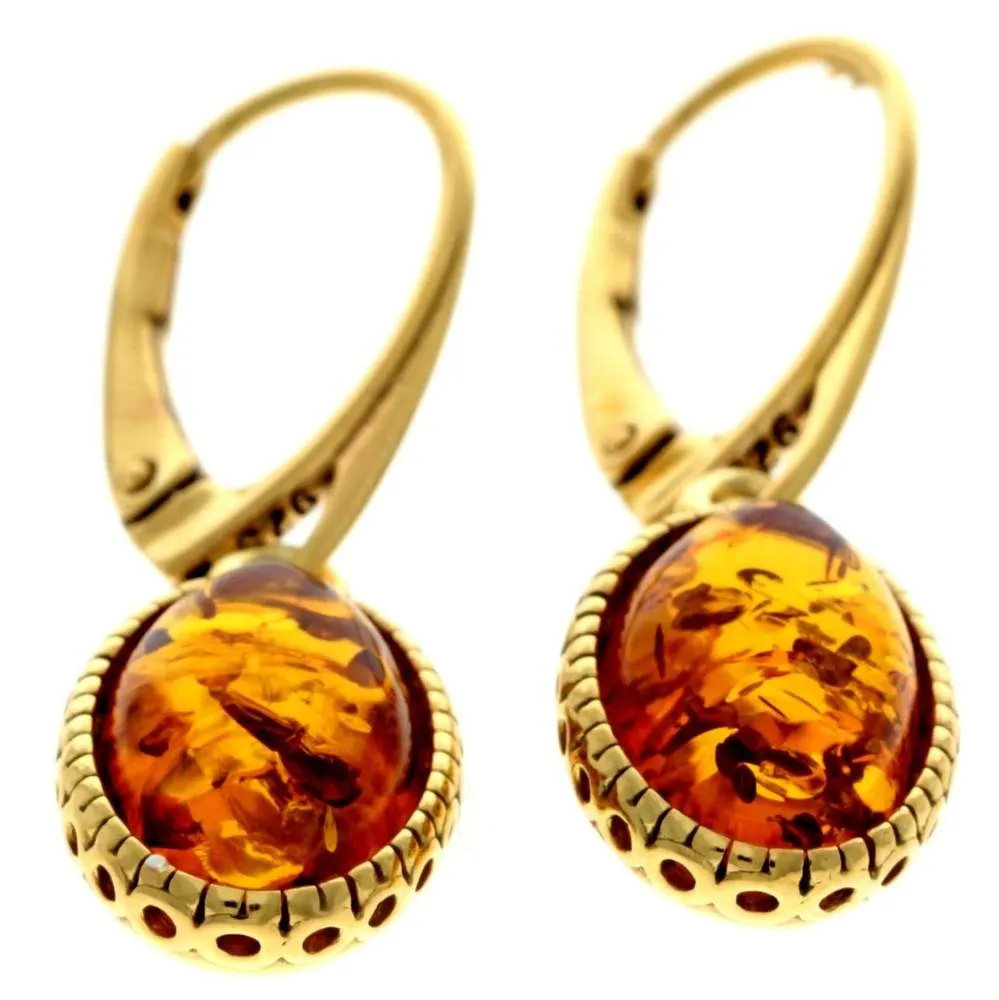 925 Sterling Silver 22 Carat Gold Plated with Genuine Baltic Amber Drop Earrings - MG008