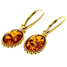 925 Sterling Silver 22 Carat Gold Plated with Genuine Baltic Amber Drop Earrings - MG008