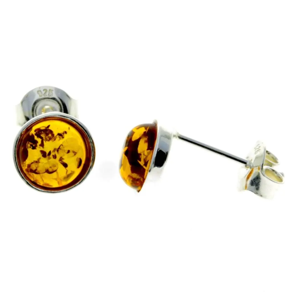 925 Sterling Silver & Baltic Amber Classic Round Studs Earrings - M647