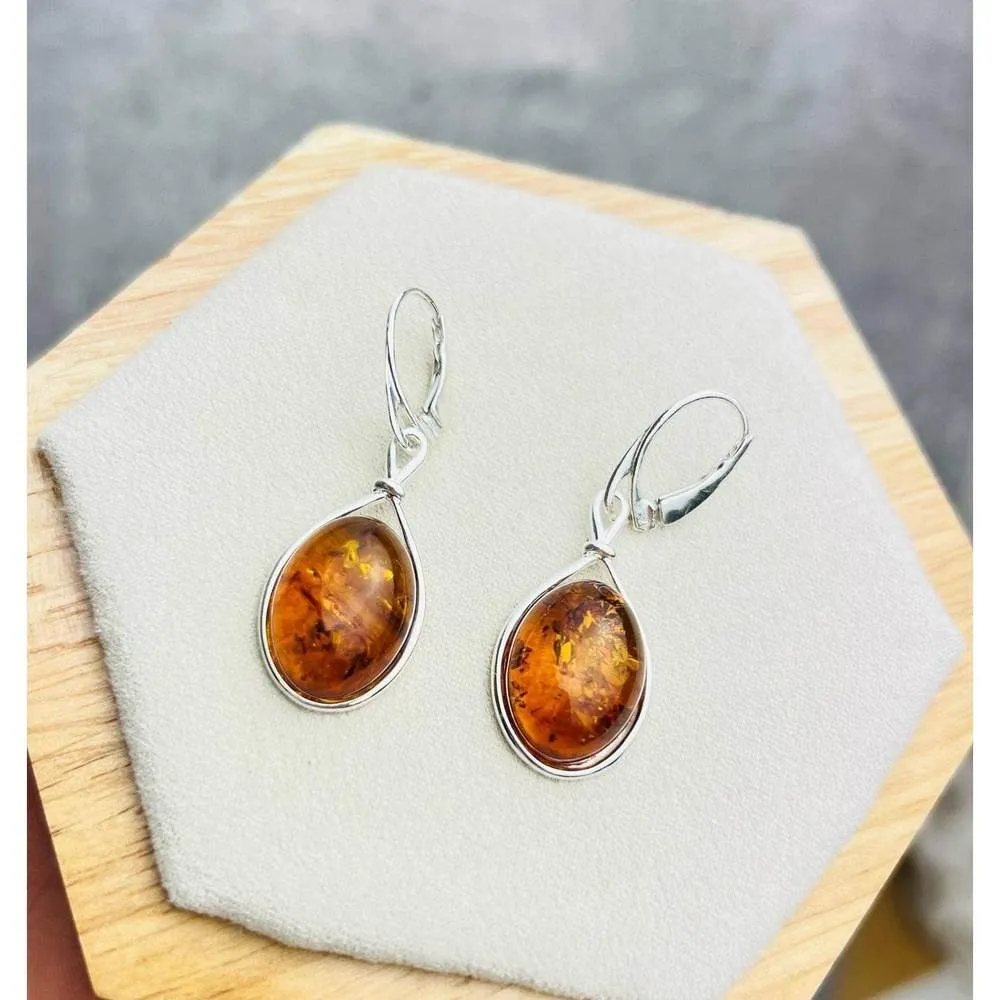 925 Sterling Silver & Genuine Baltic Amber Classic Drop Dangling Earrings - 8318