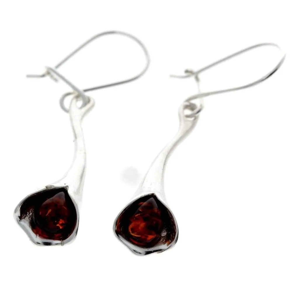 925 Sterling Silver & Genuine Baltic Amber Modern Drop Earrings - K048