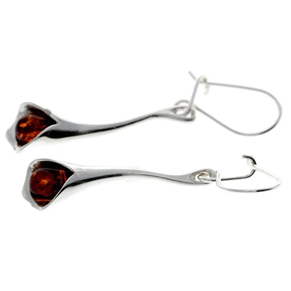 925 Sterling Silver & Genuine Baltic Amber Modern Drop Earrings - K048