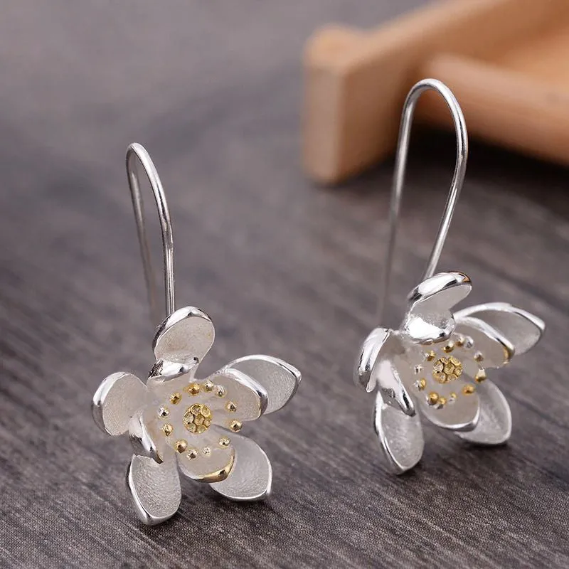 .925 Sterling Silver Large Flower Gold Tipped Earrings