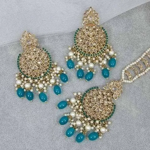 Antique Gold Polki Pearl Earrings Tikka Set