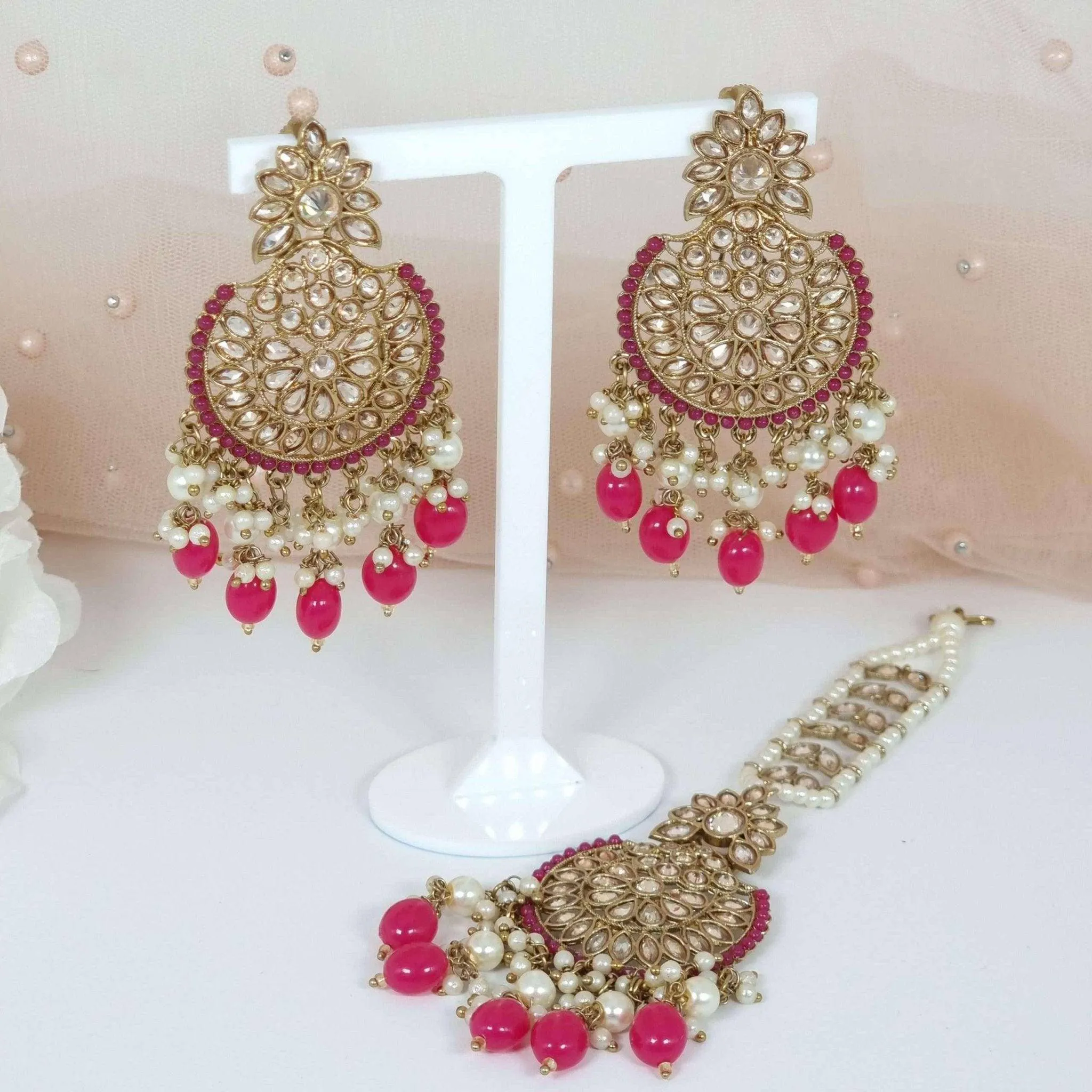 Antique Gold Polki Pearl Earrings Tikka Set