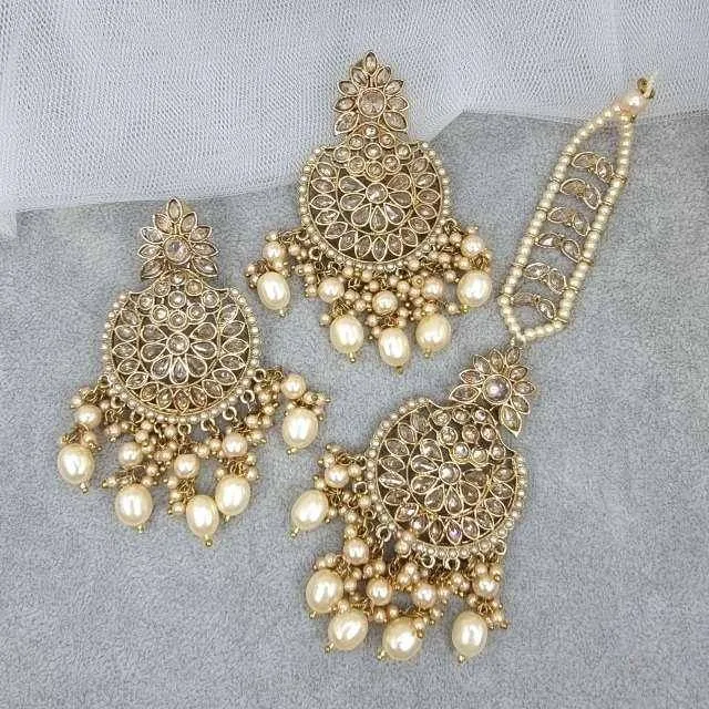 Antique Gold Polki Pearl Earrings Tikka Set