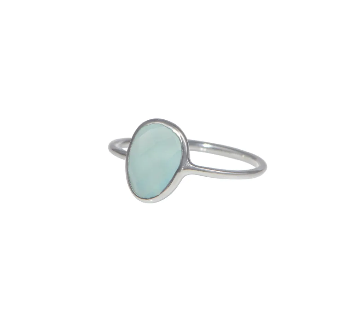 Aqua Chalcedony Organic Elliptical Shaped Gemstone Fine Band Ring in Sterling Silver