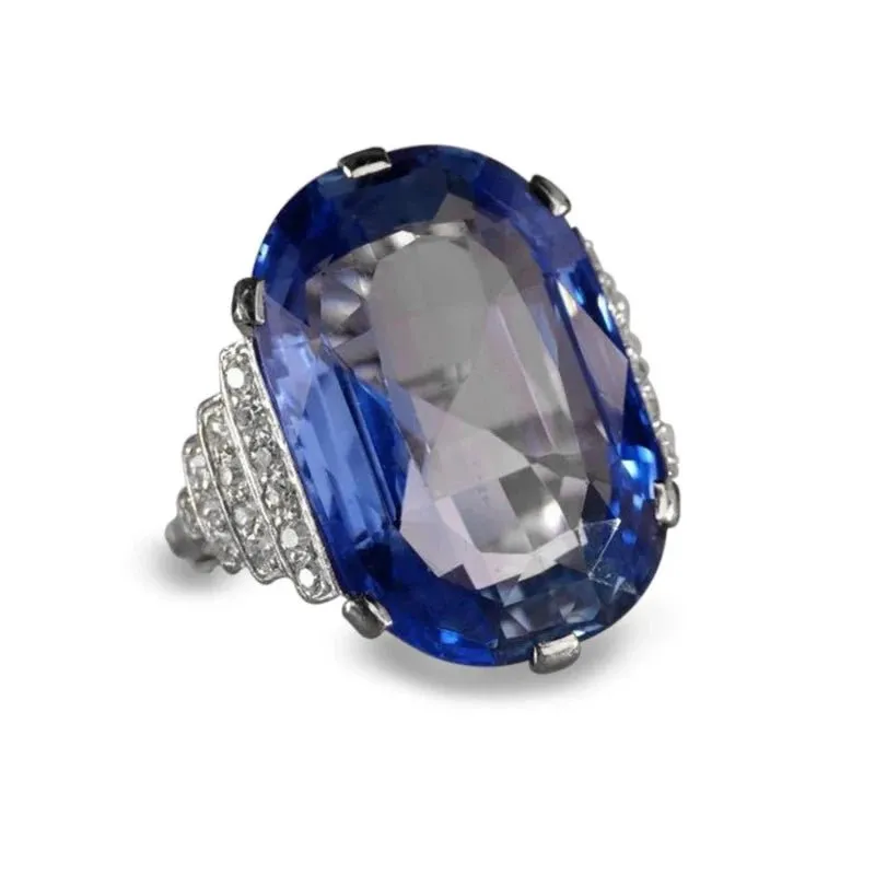 Big Oval Blue Sapphuire Ring Anniversary Party Birthday Women Jewelry