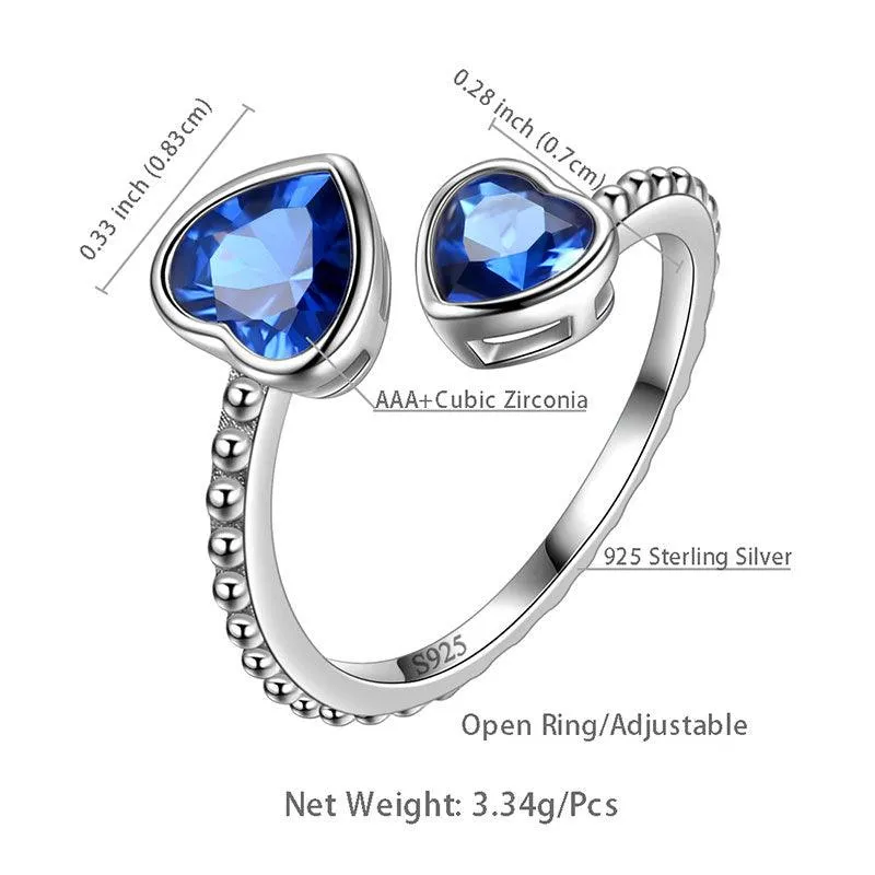 Birthstone September Sapphire Love Hearts Ring Jewelry Women Girls Birthday Gift