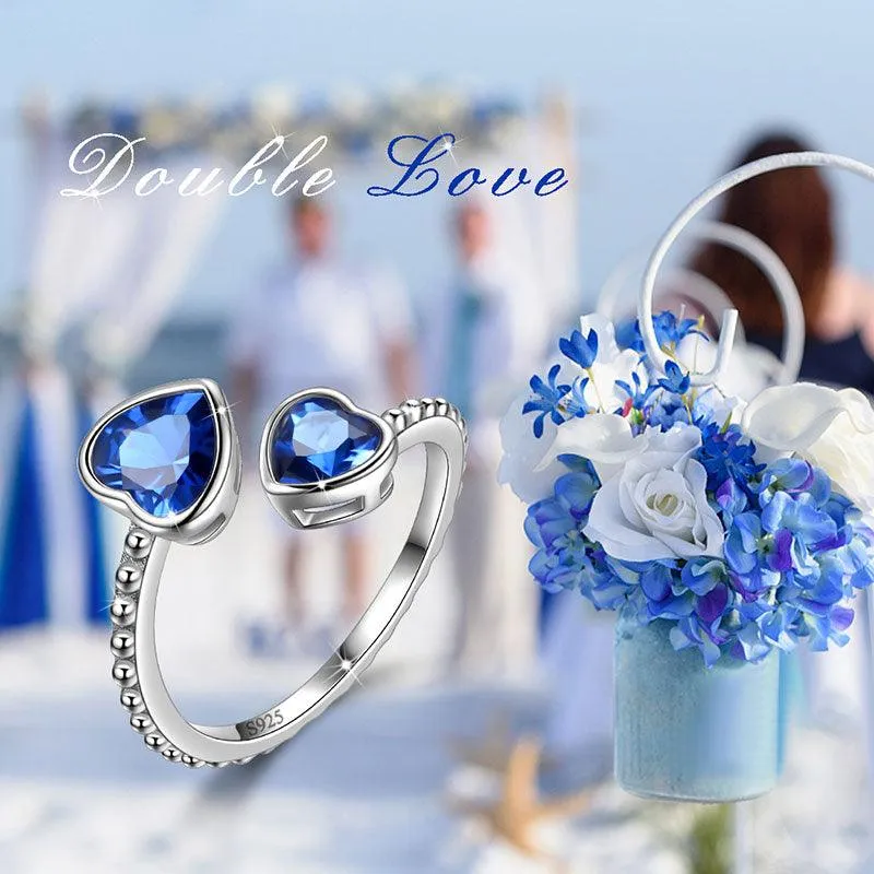 Birthstone September Sapphire Love Hearts Ring Jewelry Women Girls Birthday Gift