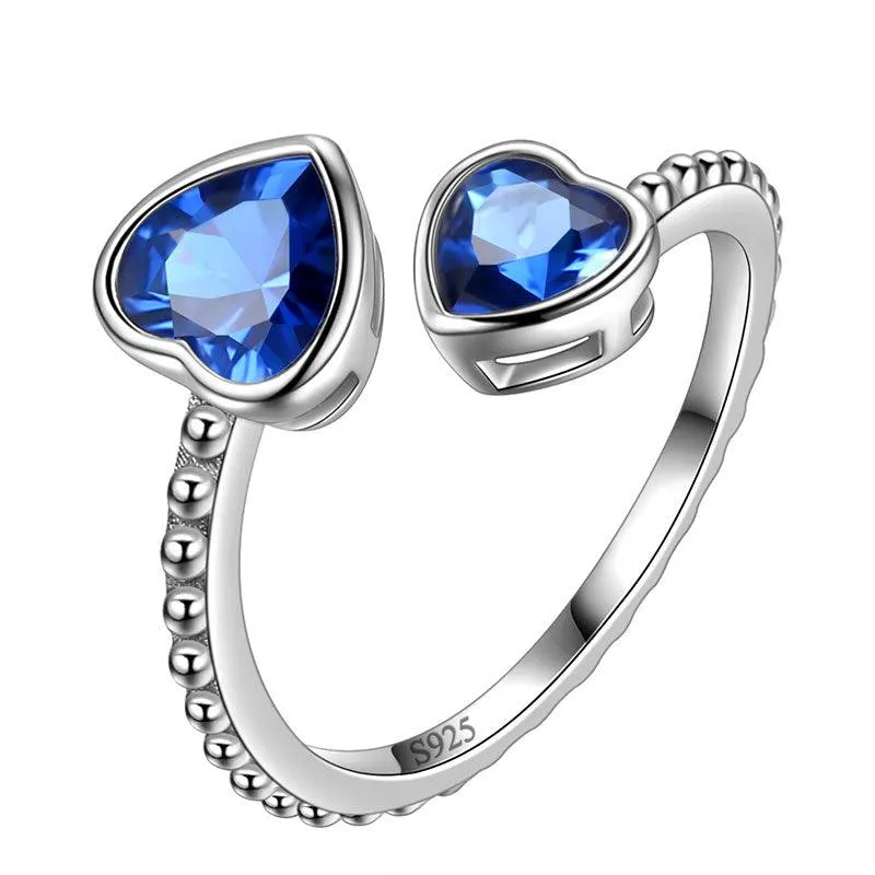 Birthstone September Sapphire Love Hearts Ring Jewelry Women Girls Birthday Gift