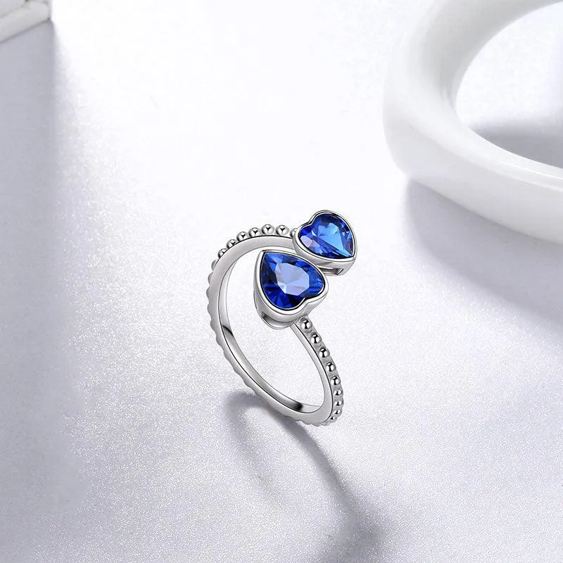 Birthstone September Sapphire Love Hearts Ring Jewelry Women Girls Birthday Gift