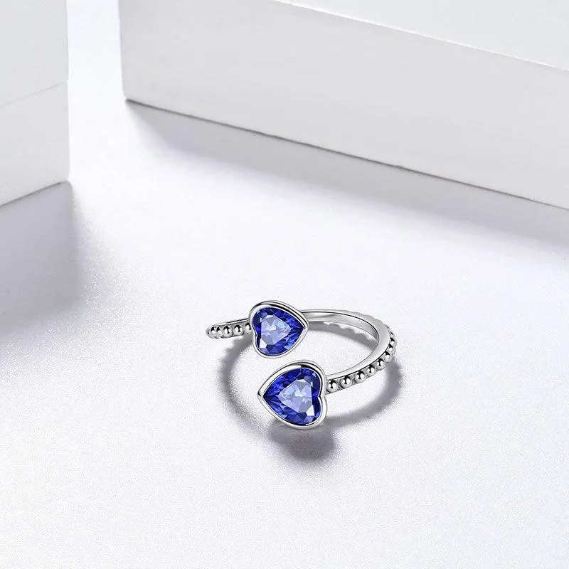 Birthstone September Sapphire Love Hearts Ring Jewelry Women Girls Birthday Gift