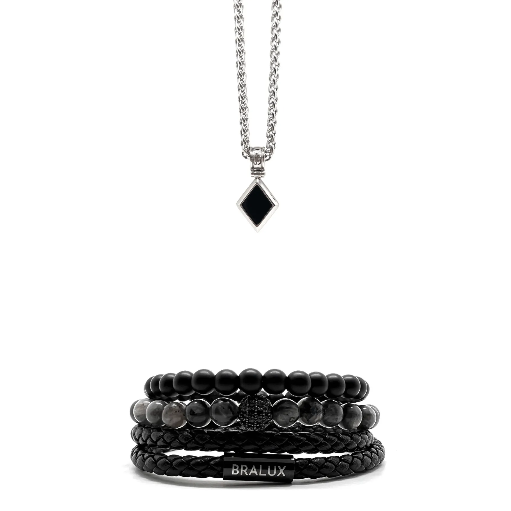 Black Duo Leather Diamond Shape Onyx Set