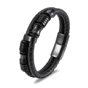 Black Leather & Stainless Steel Bracelet