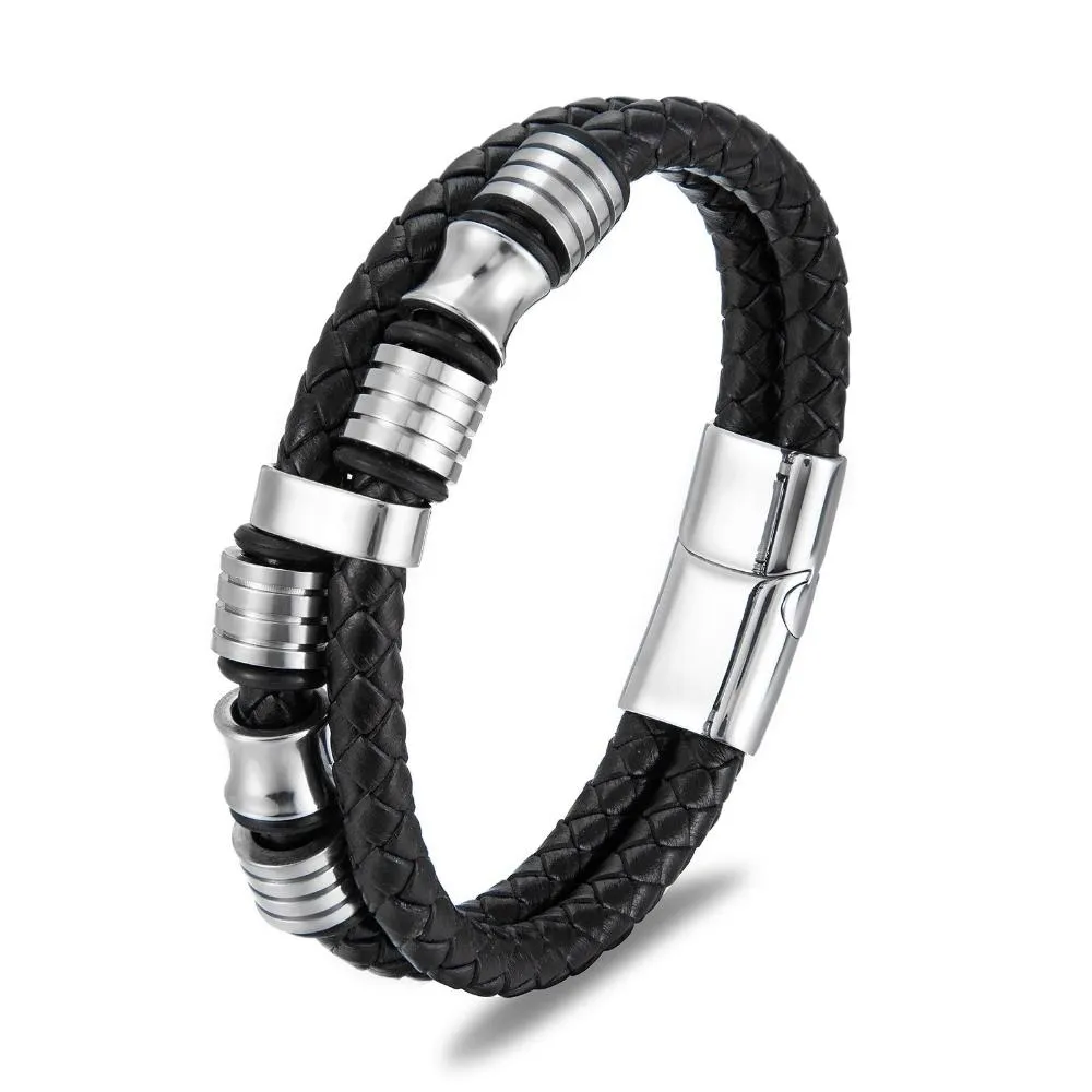 Black Leather & Stainless Steel Bracelet