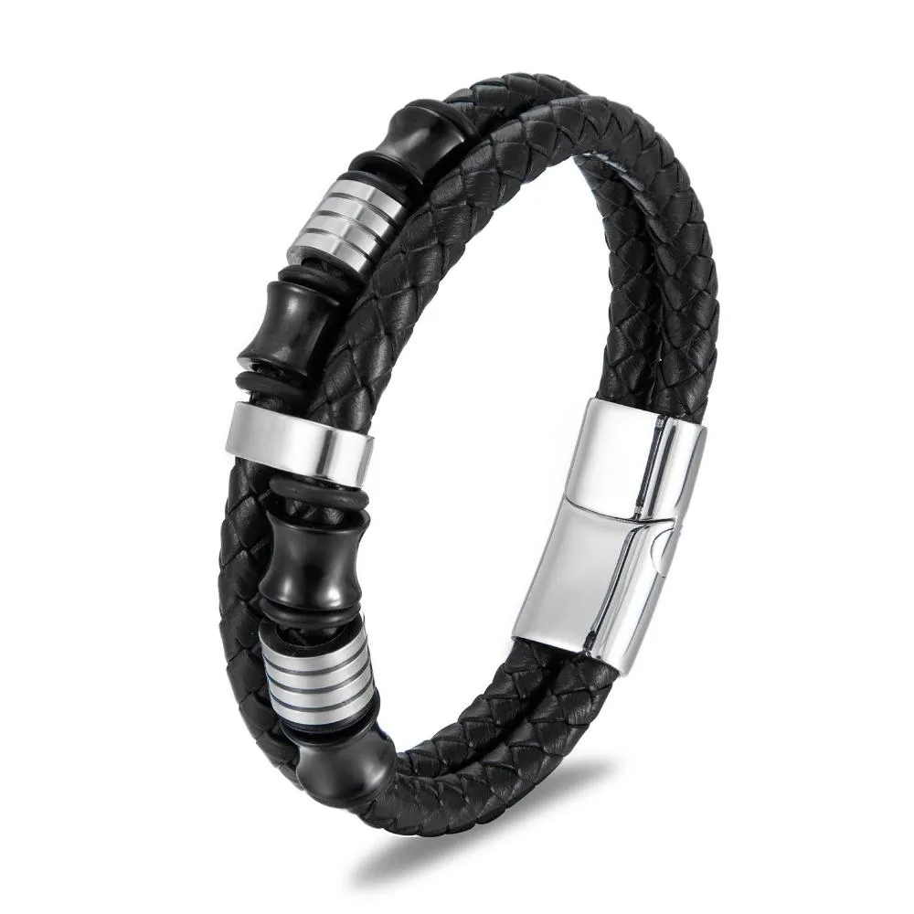 Black Leather & Stainless Steel Bracelet