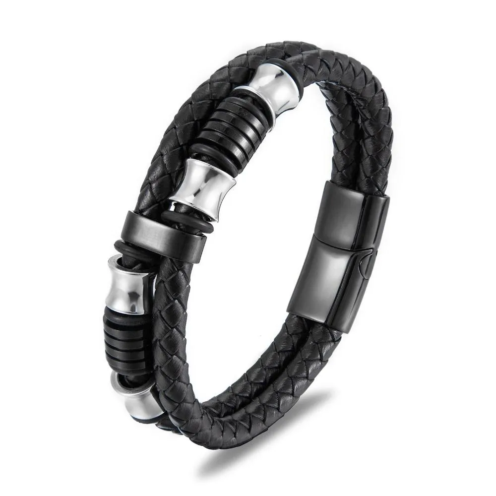 Black Leather & Stainless Steel Bracelet