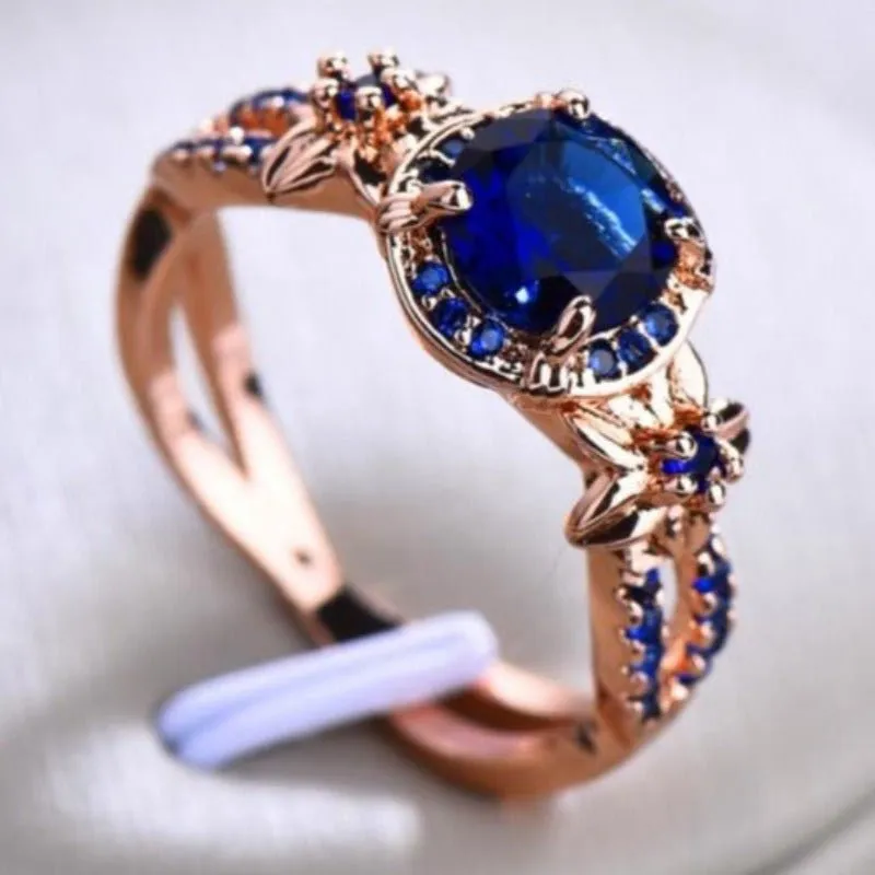 Blue Sapphire Gemstone Ring 14K Rose Gold For Women Jewelry