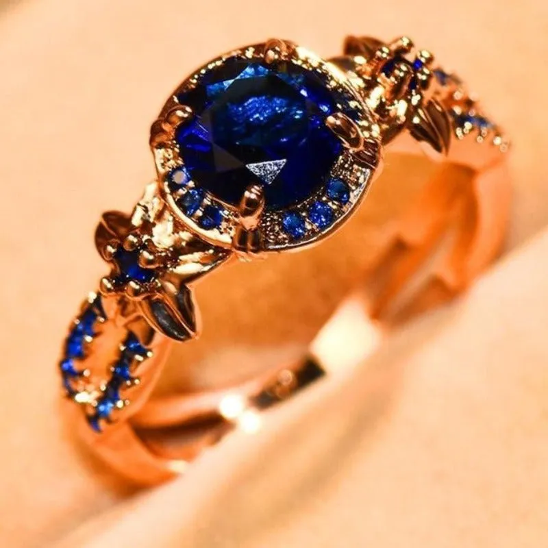 Blue Sapphire Gemstone Ring 14K Rose Gold For Women Jewelry