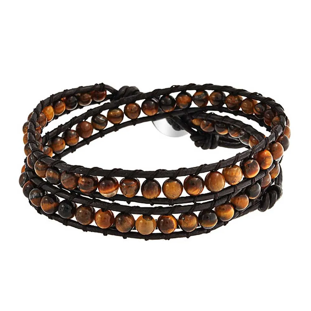 Brown Tiger Eye Genuine Black Brown Leather Multi Strand Wrap Bracelet