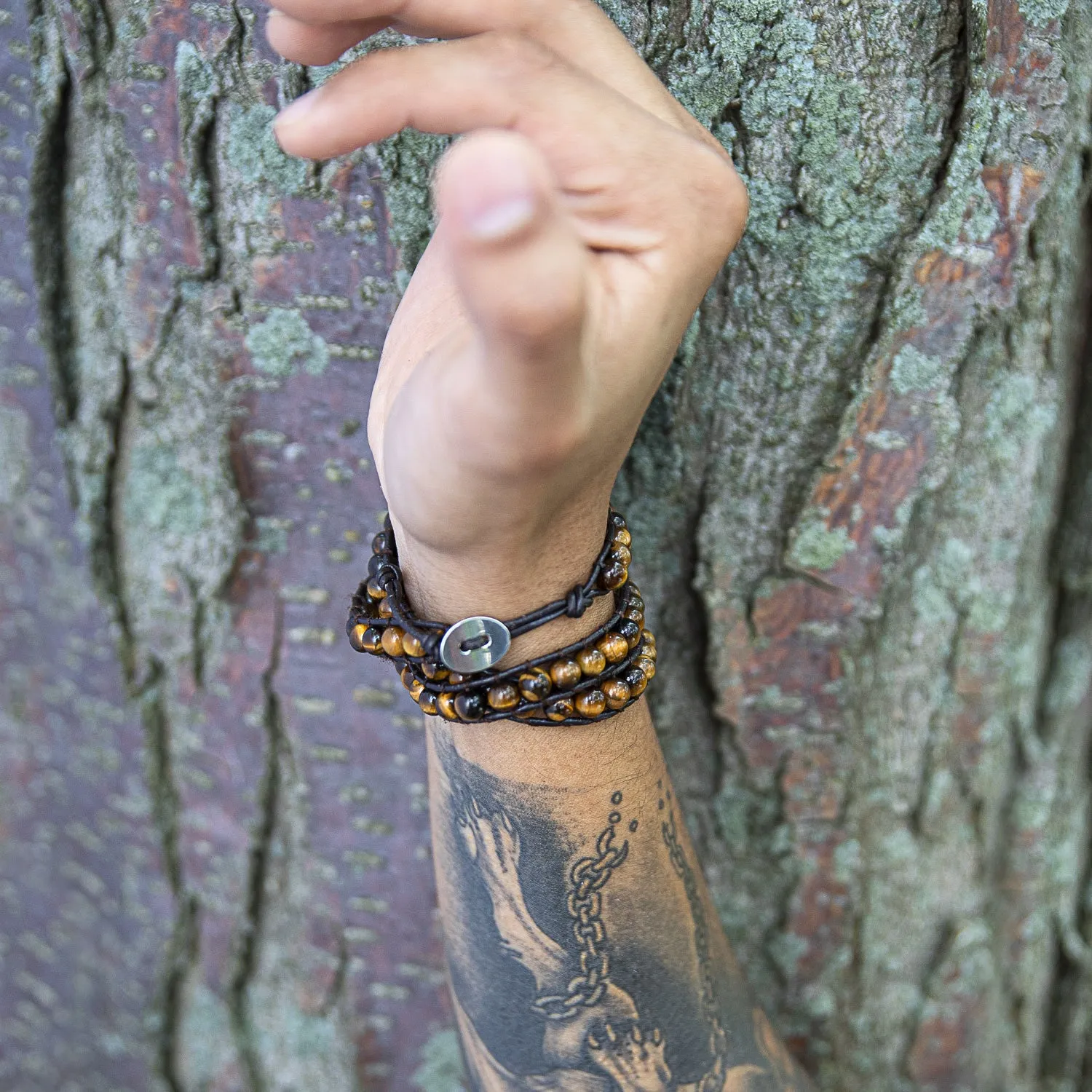 Brown Tiger Eye Genuine Black Brown Leather Multi Strand Wrap Bracelet