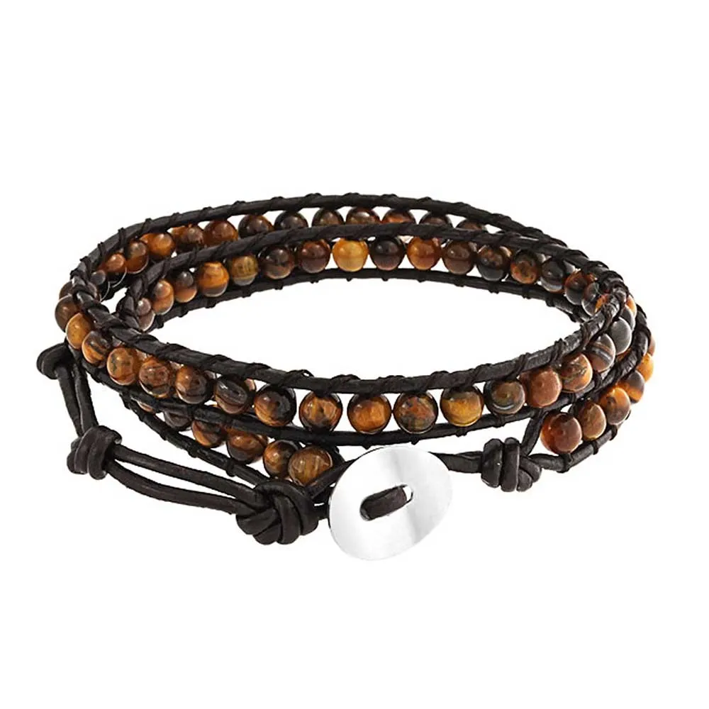 Brown Tiger Eye Genuine Black Brown Leather Multi Strand Wrap Bracelet