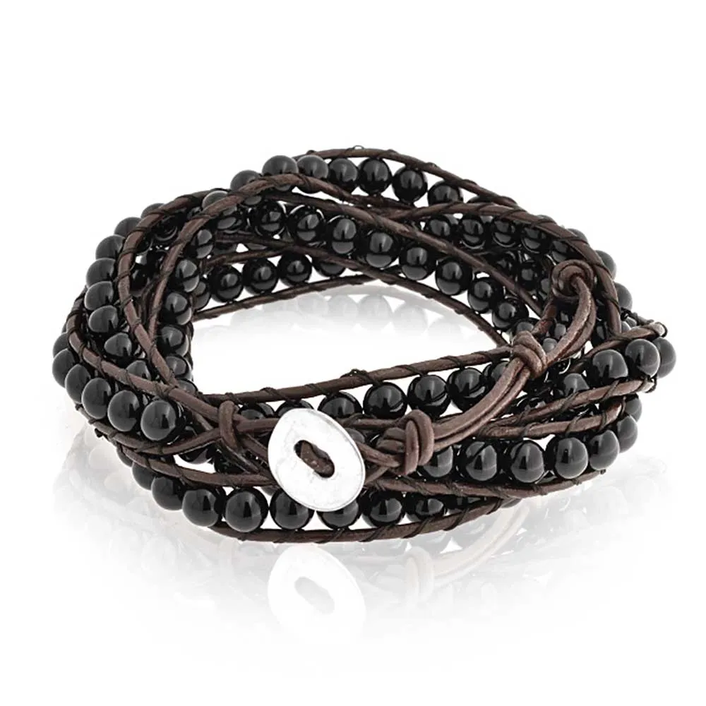 Brown Tiger Eye Genuine Black Brown Leather Multi Strand Wrap Bracelet