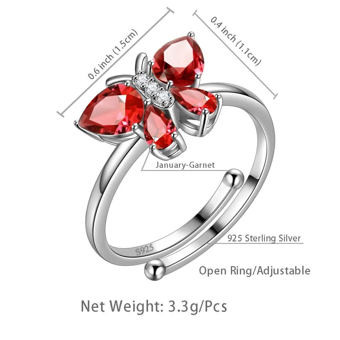 Butterfly Ring Band Birthstone January Garnet Women Girls Jewelry Birthday Gift