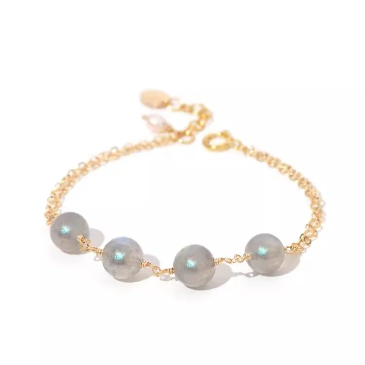 Chic Womens 14K Gold Plated Bracelet Grey Moonstone Bracelet