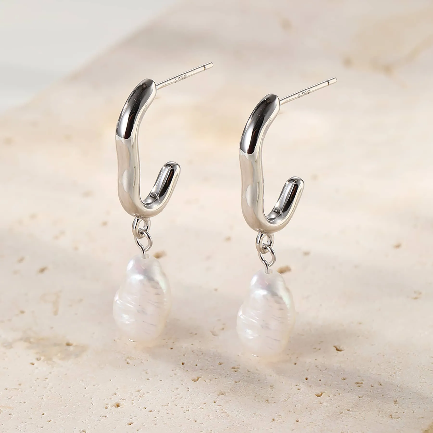 Chunky Pearl Hoop Earrings Sterling Silver