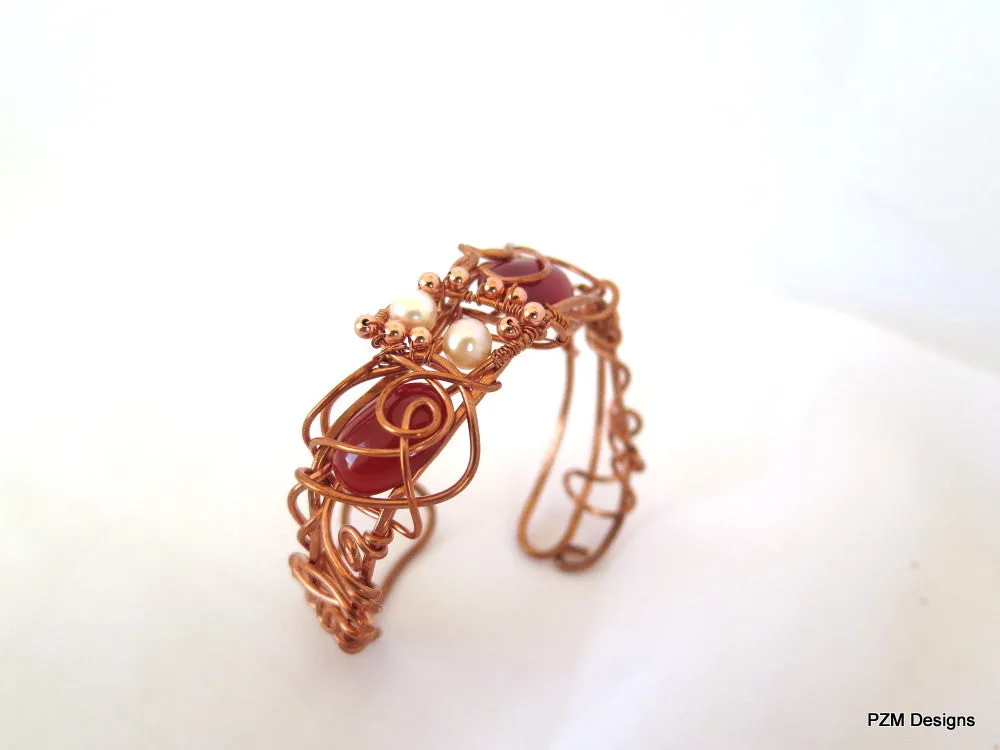 Copper and Gemstone Cuff, Wire Wrapped Boho Chic Cuff Bracelet