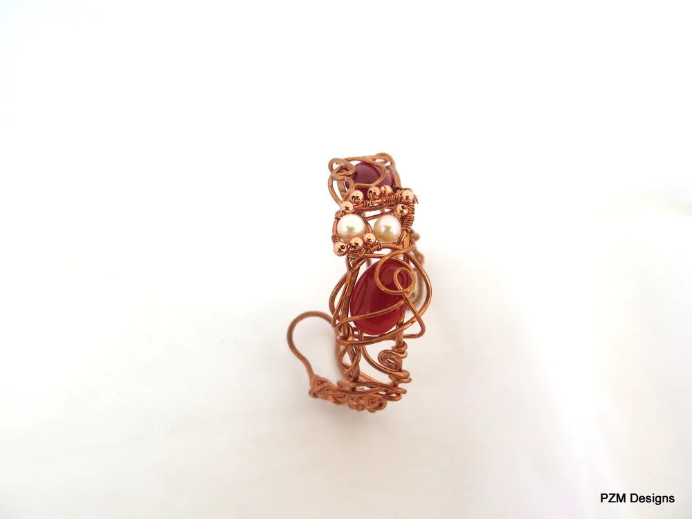 Copper and Gemstone Cuff, Wire Wrapped Boho Chic Cuff Bracelet