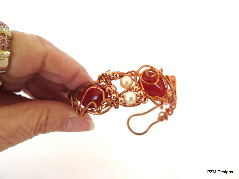 Copper and Gemstone Cuff, Wire Wrapped Boho Chic Cuff Bracelet