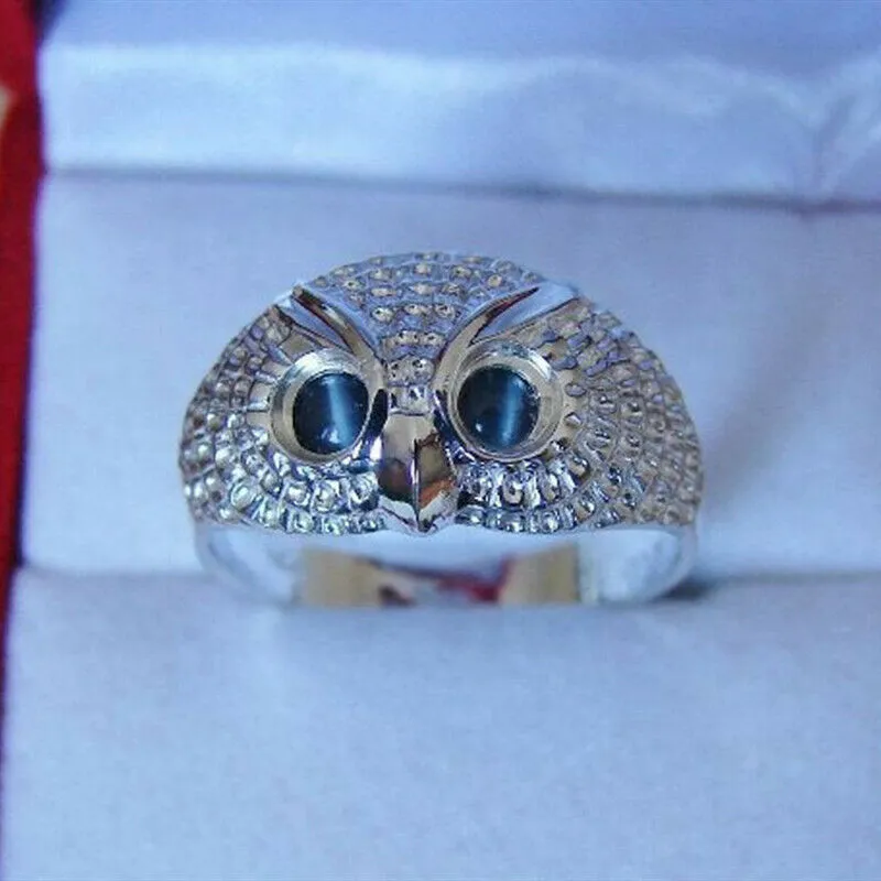 Cute Owl Silver Color Women Finger Ring Blue Imitation Opal Eyes Simple Animal Jewelry